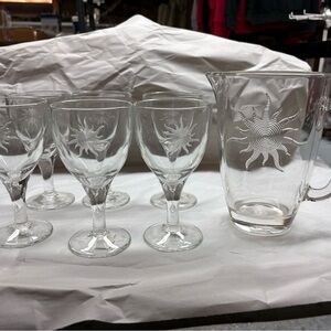 Sunburst Etched Glass Pitcher and Goblet Set